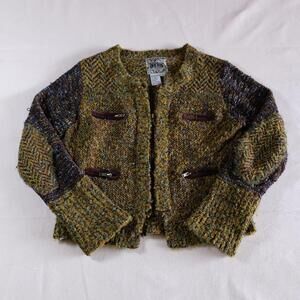 Anthropologie Cardigan Curio Zip Up Boho Indie Twee Wool Blend Elbow Patches S